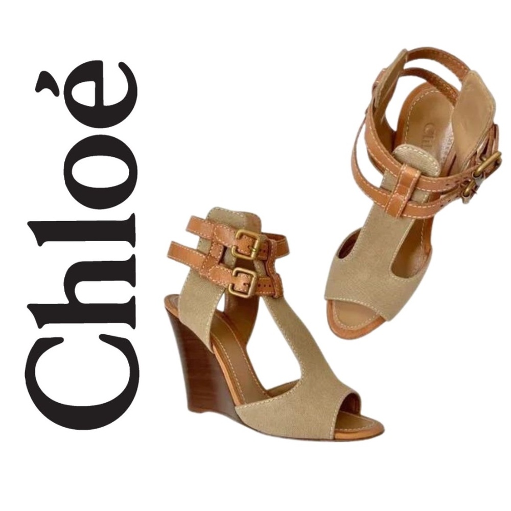 EUC Chloe Khaki Fabric and Leather Wedge Heels // Size 37.5 EU - 7 US